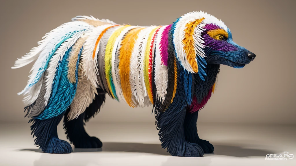 A detailed, abstract, ethereal sculpture of a [dog] made entirely of various colored gradient [feathers], aesthetically arranged to shape its features, creating a textured, vibrant, and intricate look against a simple, neutral background in an ultra-realistic, modern minimalist style.
