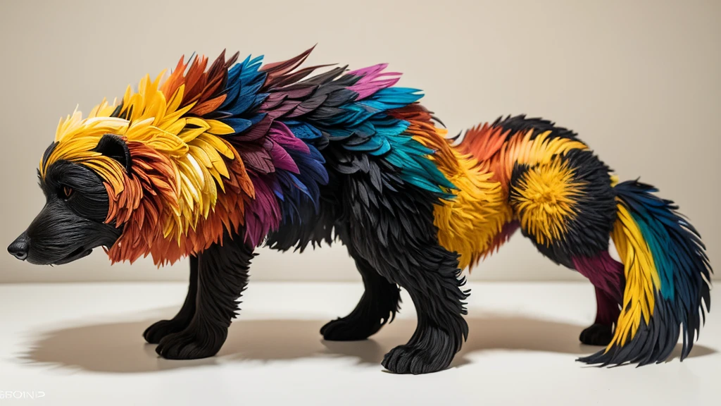 A detailed, abstract, ethereal sculpture of a [dog] made entirely of various colored gradient [feathers], aesthetically arranged to shape its features, creating a textured, vibrant, and intricate look against a simple, neutral background in an ultra-realistic, modern minimalist style.
