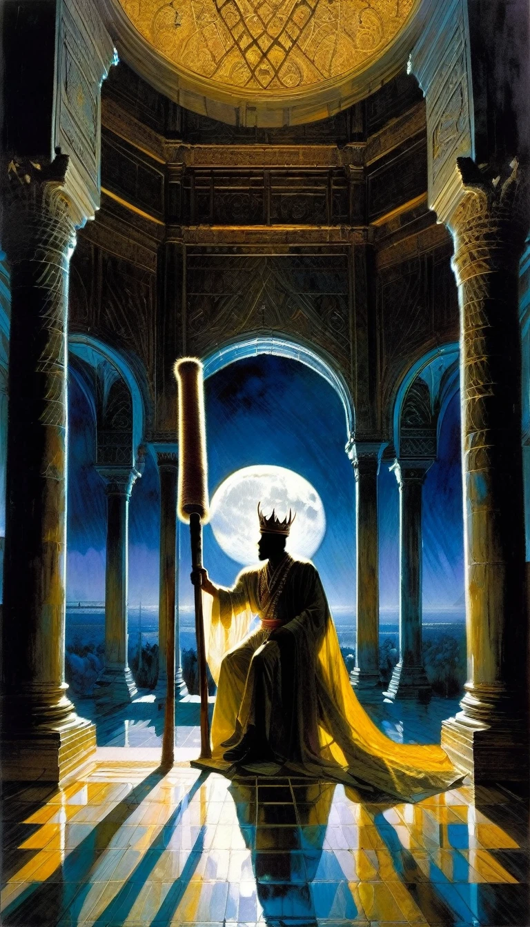 a young Charismatic and attractive king sitting on his throne, great hall of the palace, carrying a wooden pole in one hand, we see through the moonlit window, large landscape (art inspired by Bill Sienkiewicz, intricate details, oil painting)