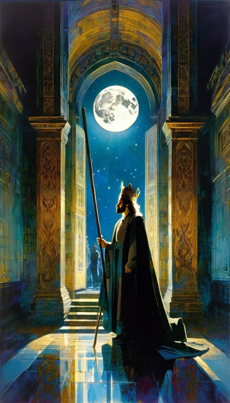 a young Charismatic and attractive king sitting on his throne, great hall of the palace, carrying a wooden pole in one hand, we see through the moonlit window, large landscape (art inspired by Bill Sienkiewicz, intricate details, oil painting)

