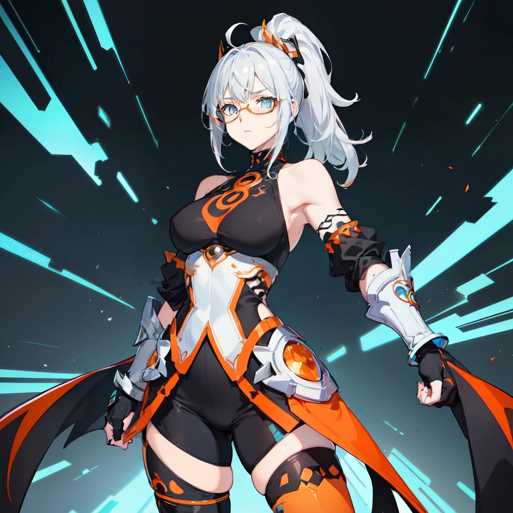 (((a character))), female, big butt and big breasts, (((White skin)))), Black hair with ponytail, light blue eyes, Round glasses with slightly dark lenses and this lens is orange, and light blue frame, (((Black metallic gauntlets and greaves with orange and silver highlights)), (((The clothing has a mix of modern and tribal.)))), Have mostly black color, but having orange pieces, Shoulders on display, naked, On the Hip a Black Short that extends to the Mid-Thigh.