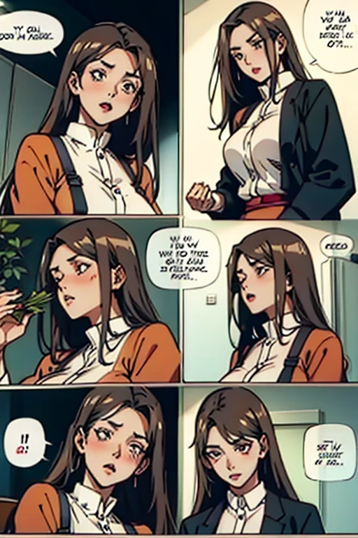 Mature women with long brown hair with lipstick , gentle eyes, holding herbs and meditating shocked concerned , manga page with panels and dialogue    