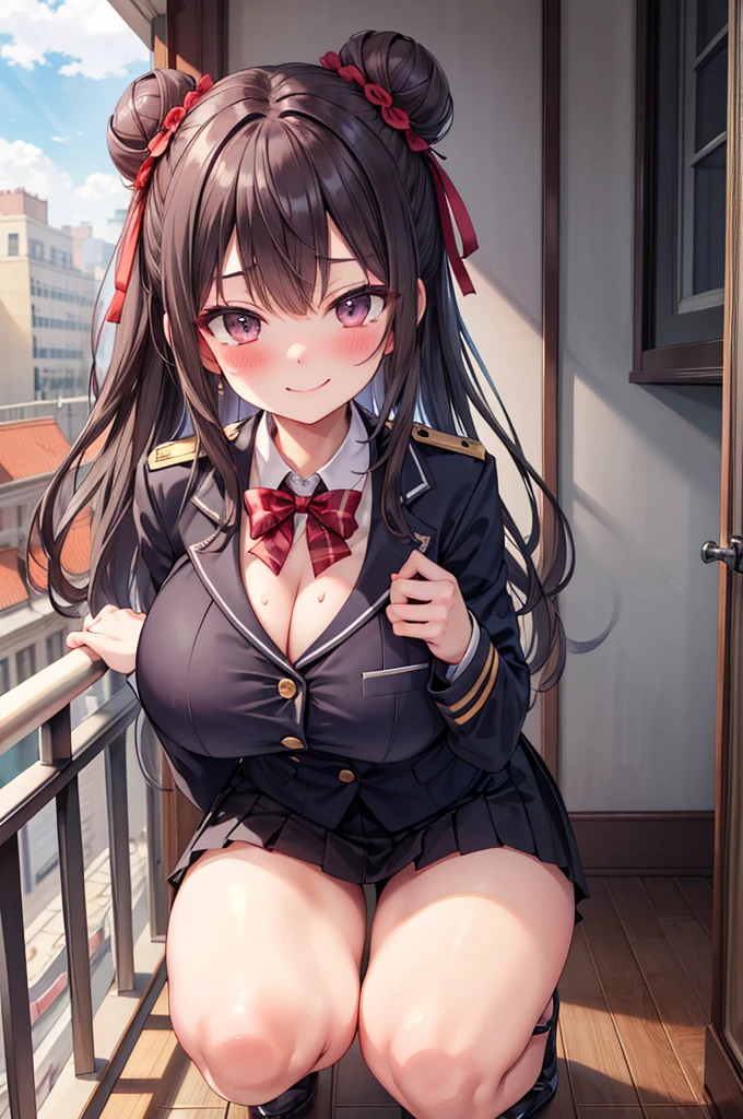 masterpiece, Highest quality, High Resolution, HS1,blush,Smirking face,NSFW、Balcony、Big Breasts、uniform、Bun Hair、Squat