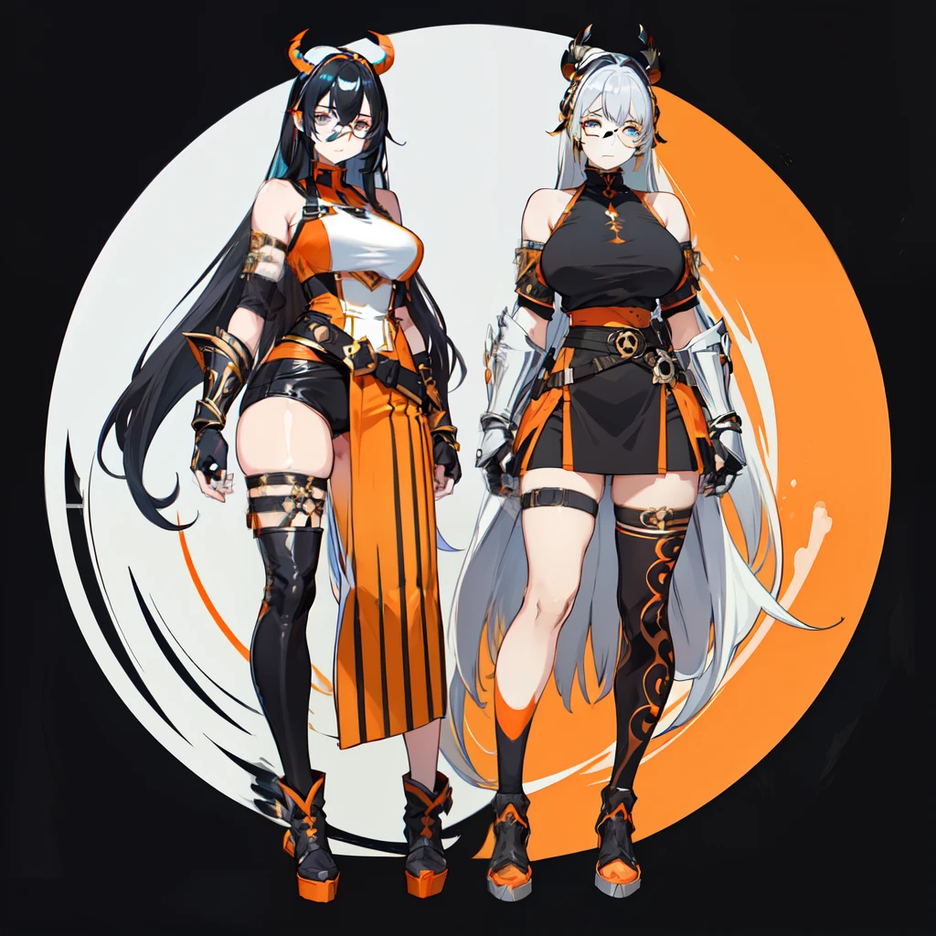 (((a character))), female, big and , (((White skin)))), Black hair with ponytail, light blue eyes, Round glasses with slightly dark lenses and this lens is orange, and light blue frame, (((Black metallic gauntlets and greaves with orange and silver highlights)), (((The clothing has a mix of modern and tribal.)))), Have mostly black color, but having orange pieces, Shoulders on display, , On the Hip a Black Short that extends to the Mid-Thigh.