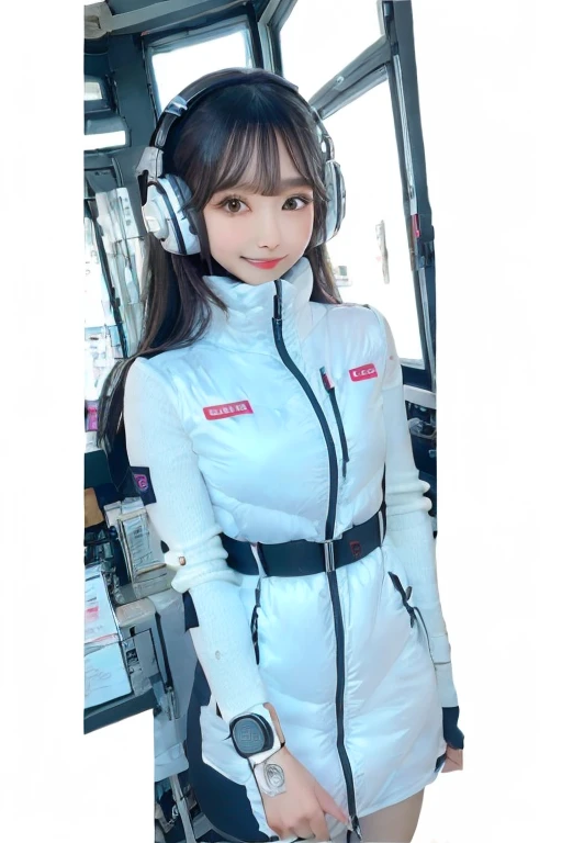 masterpiece, Highest quality, Very detailed, 8K Portrait,Japanese Android Girl,plump , Control panel,Robotic arms and legs, Blunt bangs,,break (Metallic Gray, Metallic luster, Mirror finish, Astro Best):5,headphone:5,break (Black sleeves):100,Smart Watches,Futuristic space station,Control Room,break headphone,blue eyes,(Black Hair):2,(Long Hair):1.3,Displaying the viewer,(respirator),break blush:3,Hidden Hand,smile