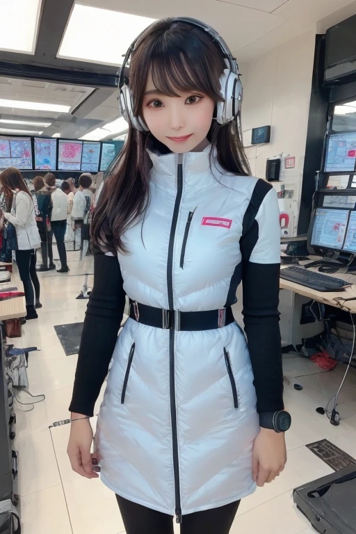 masterpiece, Highest quality, Very detailed, 8K Portrait,Japanese Android Girl,plump , Control panel,Robotic arms and legs, Blunt bangs,,break (Metallic Gray, Metallic luster, Mirror finish, Astro Best):5,headphone:5,break (Black sleeves):100,Smart Watches,Futuristic space station,Control Room,break headphone,blue eyes,(Black Hair):2,(Long Hair):1.3,Displaying the viewer,(respirator),break blush:3,Hidden Hand,smile