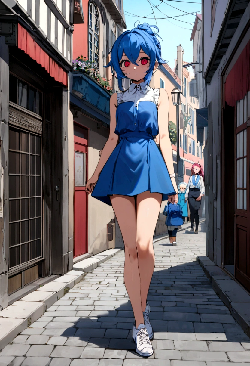 fille d'influence dans une rue ensoleillée, cheveux noirs, grands yeux bleus, débardeur bleu moulant, micro jupe bleue, chaussures bleues, Tour de cou bleu,on voit son petit cul
