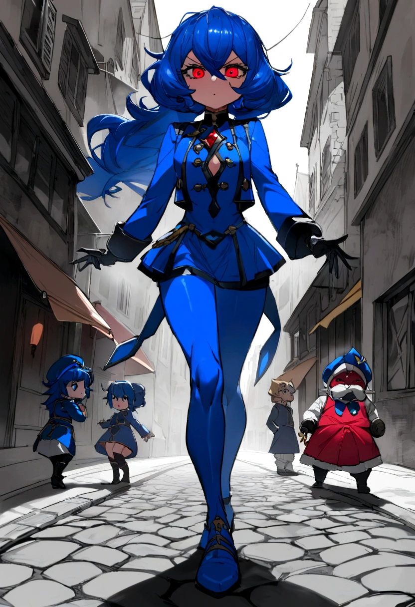 fille d'influence dans une rue ensoleillée, cheveux noirs, grands yeux bleus, débardeur bleu moulant, micro jupe bleue, chaussures bleues, Tour de cou bleu,on voit son petit cul