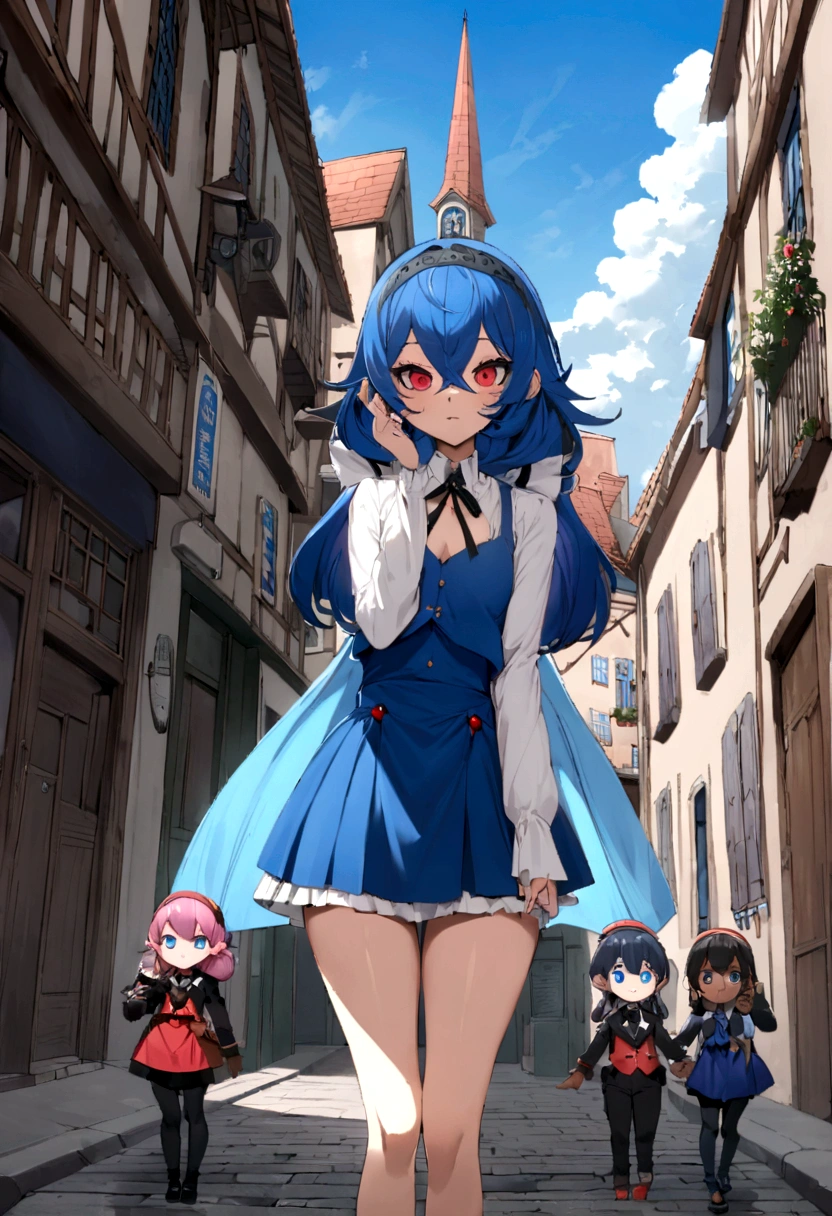 fille d'influence dans une rue ensoleillée, cheveux noirs, grands yeux bleus, débardeur bleu moulant, micro jupe bleue, chaussures bleues, Tour de cou bleu,on voit son petit cul