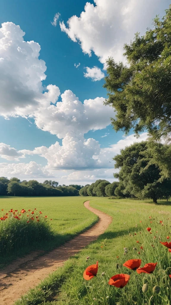 Bright red poppy flowers in full bloom、Detailed landscape painting of a serene scene with large fluffy white clouds in a blue sky。The fields are lush and green.、The dirt road meanders。On the left side of the image is a tree々There is a small wooden hut partially hidden by the lush green foliage of。The sky is vast、Large cumulus clouds cast shadows on the ground。The lighting is bright and natural、It creates a peaceful and idyllic atmosphere。I see birds flying high in the sky、It enhances the calm feeling of the scene.。