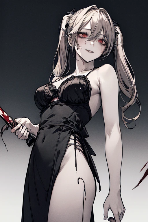 Top Quality, (Background Detailed), (Male On Top), Perspective From Below, Full Length, Bra, High Contrast, Super Beautiful Girl, Detailed Original Illustration, Sensual, Delicate Face, Charming, Bad Girl, Sexy, Looking At Camera, Real Breasts, Twintails, Stalker, Crazy Smile Crazy Eyes, Heads Up, Holding Knife, Pale Skin, Bloody, Dripping Blood, Black Hair, Yandere, Mine Girl, ta, Blood Makeup, Red, Black Background, (Black Background: 1. 5), Beautiful Line Drawing