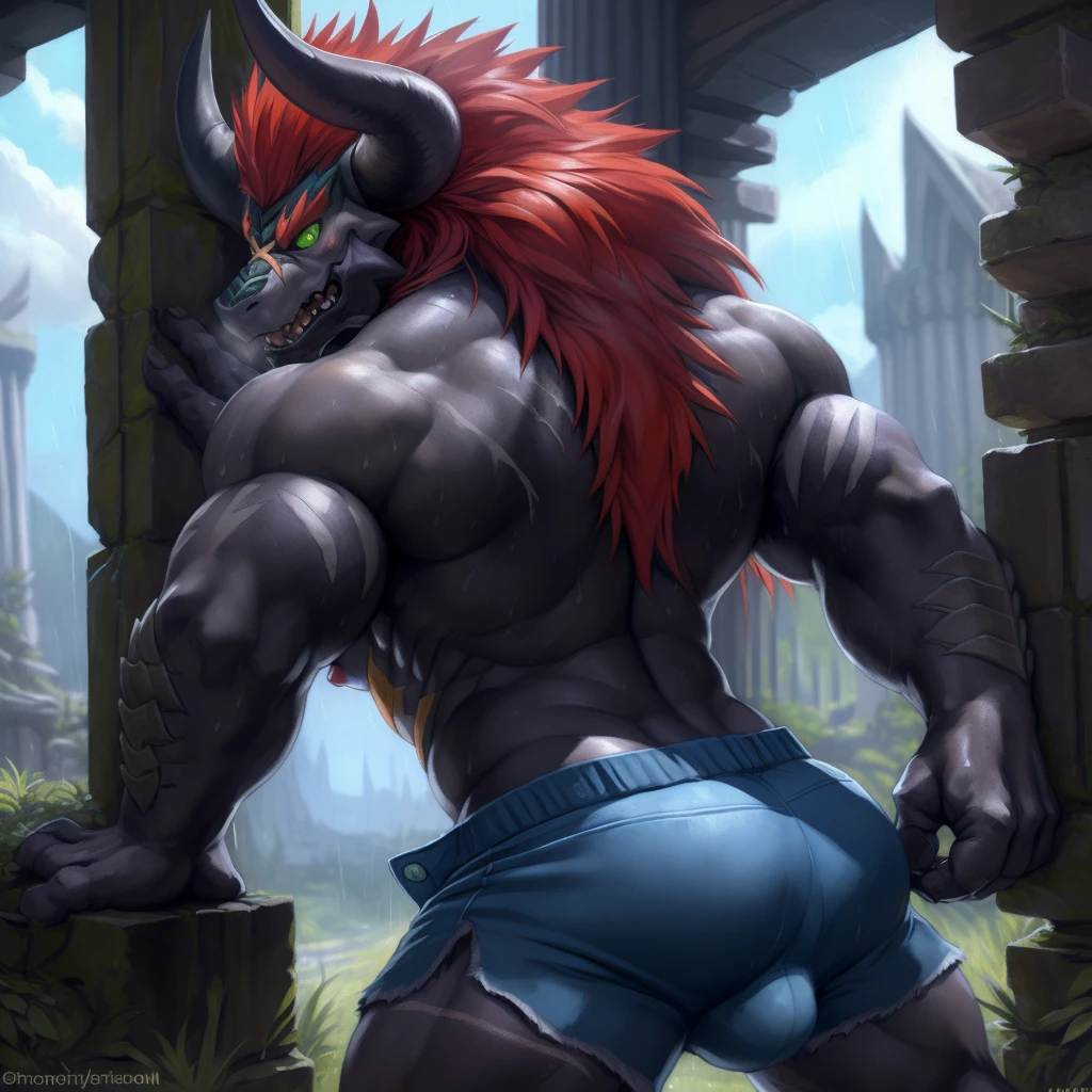 solo, breath (ultra detailed), a beautiful and detailed full size portrait of a male anthro batzz, demon lord dragon batzz, dragon tail, green eyes, glowing eyes, black body, black skin, long hair, red hair, horns, scar, tail, bedroom eyes, detailed eyes, big body, sexy body, (wide body). goddess, kenket, Ross Tran,ruan jia, trending on artstation,foxovh, cenematic lighting, buff, big pecs, muscular anthro, spike arms, strong legs, ((big pecs, nipples, big pecs, blue shorts, bulge))), day, wet, rear view, standing, bend over against wall, big butt, blush, angry, erection, sexy, vip, ruins, sweating, raining, woods,