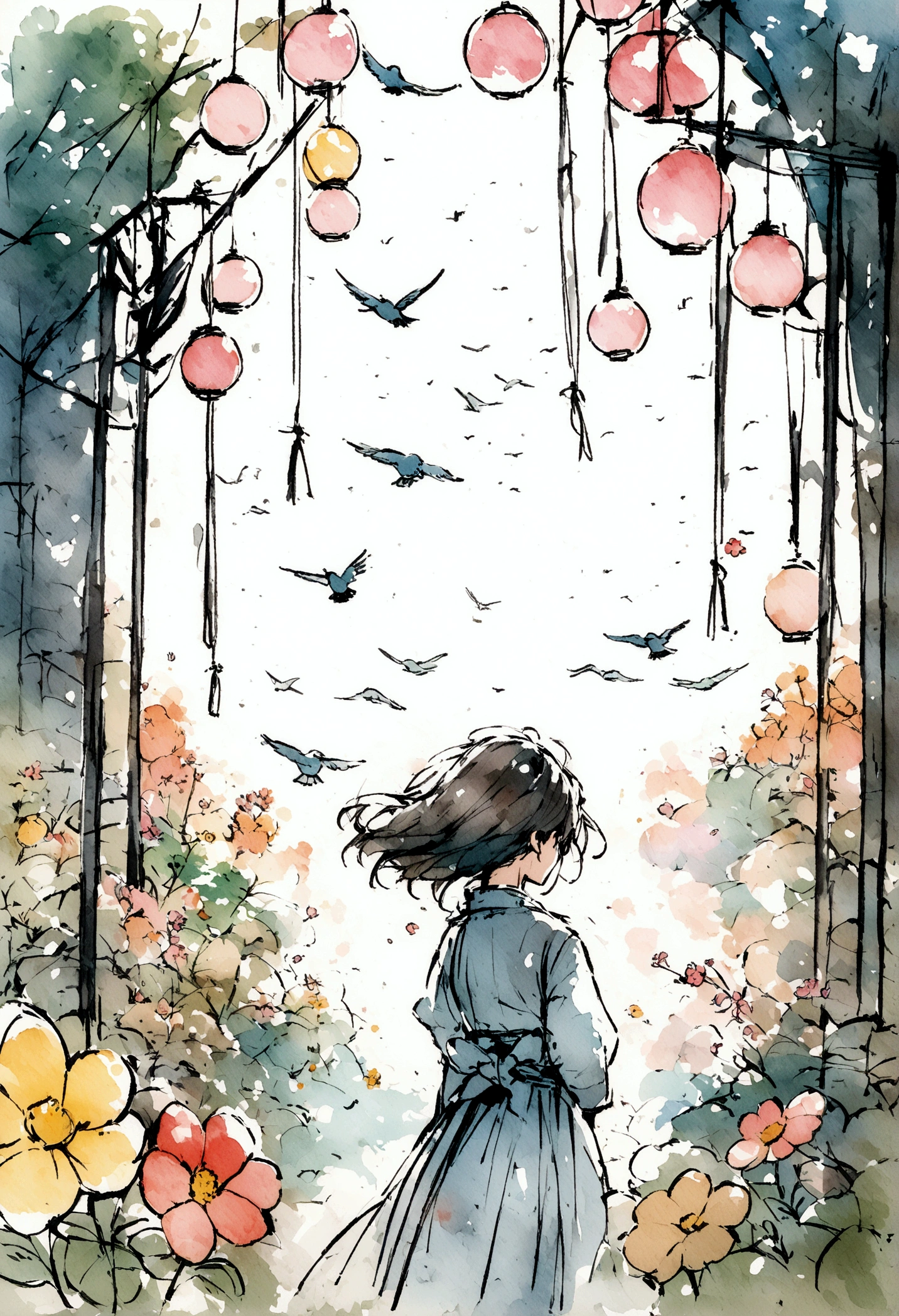 Flowers and Birds, japanese manga style, sketch, Watercolor Colors.