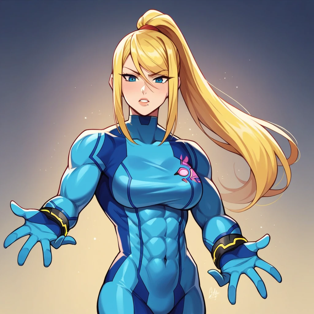 masterpiece, best quality, 1girl, (neoartcore:0.25), high quality cg defsamus, blonde hair, bodysuit, blue clothes, blue gloves,, futuristic, blue eyes, muscular female, big muscles, wearing a magical necklace around her neck, she has a penis on her crotch, She giggles with excitement at feeling strong and powerful in Samus Aran's body and does a cool and powerful pose. "Whoa, I feel like a badass! Check out these muscles!"