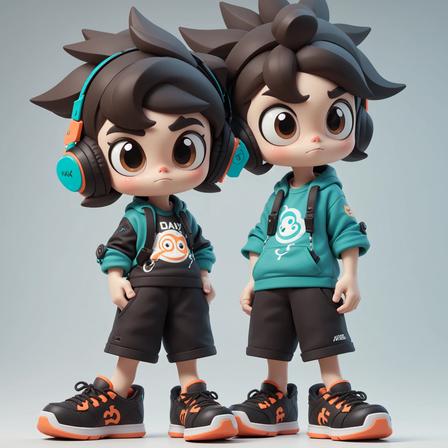 A Alone 3D character, lonely anime boy, large eyes, brown hair, blue headphones, gray t-shirt, shorts, oversized sneakers, hands in pockets, neutral expression Cartoon model, young boy, detailed hair, big headphones, casual outfit, futuristic shoes, standing pose, minimal background, modern design Stylized figure, boy with brown hair, turquoise headphones, graphic t-shirt, black shorts, colorful sneakers, relaxed stance, 3D rendering Cute animated boy, expressive eyes, blue and orange color scheme, hands in pockets, detailed sneakers, backpack, simple background, modern art Chibi-style character, big eyes, spiky hair, headphones, casual attire, large shoes, standing pose, muted colors, collectible figure design