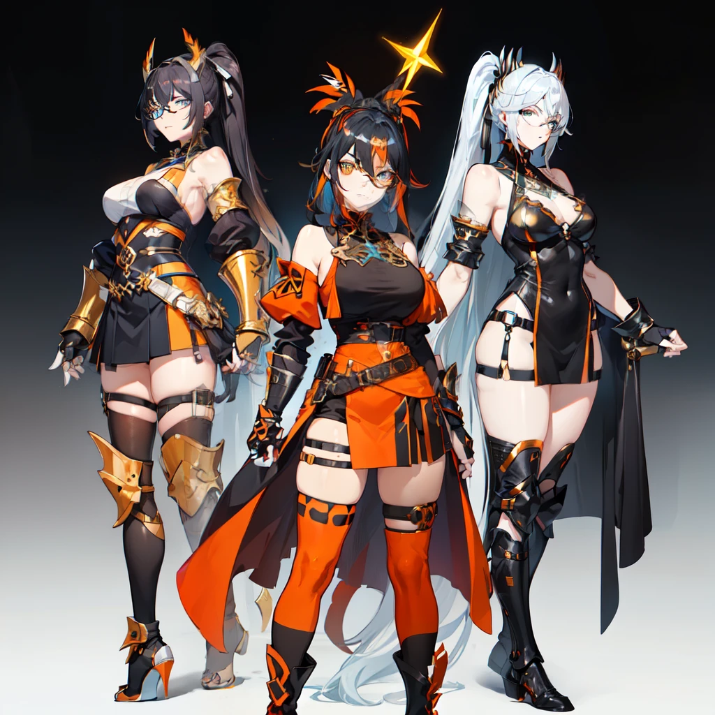(((a character))), female, big butt and big breasts, (((White skin)))), Black hair with ponytail, light blue eyes, Round glasses with slightly dark lenses and this lens is orange, and light blue frame, (((Black metallic gauntlets and greaves with orange and silver highlights)), (((The clothing has a mix of modern and tribal.)))), Have mostly black color, but having orange pieces, Shoulders on display, naked, On the Hip a Black Short that extends to the Mid-Thigh.