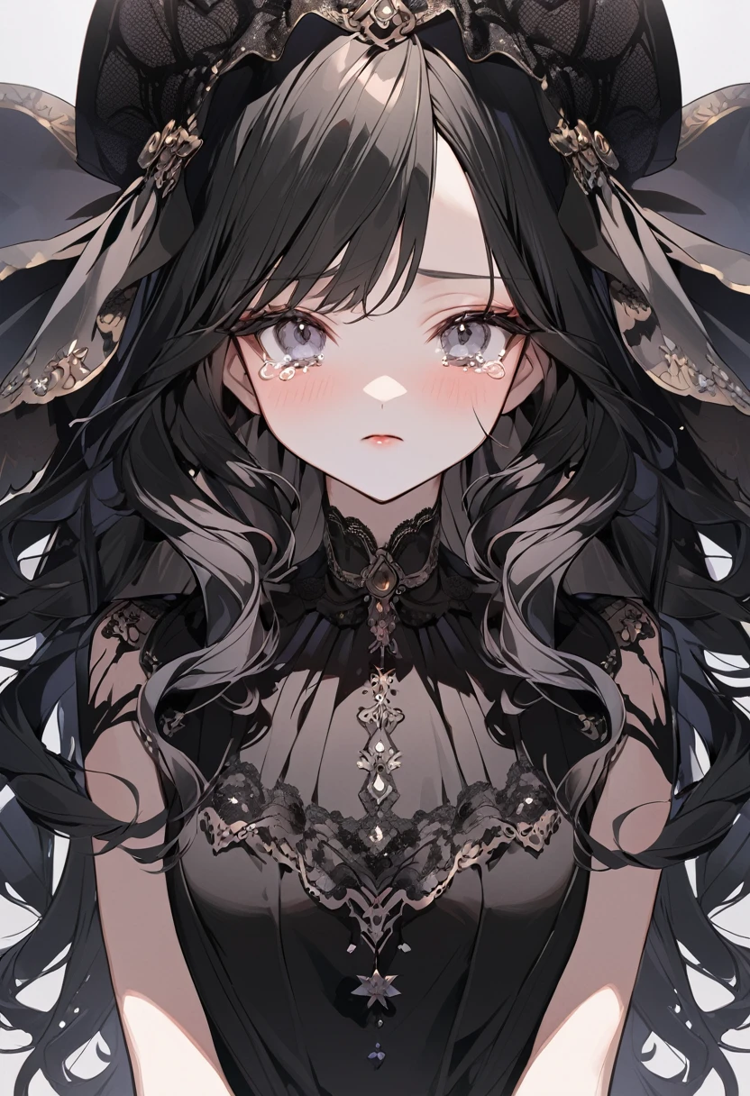 BREAK Perfect 、Highest quality、(cute:1.1)、(cute)、(High resolution:1.2)、Unbelievably absurd:1.3、Incredible illustrations、(cuteイラスト:1.2)、Beautiful background、1gial(Black Hair、strong wavy hair、lipstick、Tears）（Black veiled hat、Black Dress）（expressionless）closeup-face