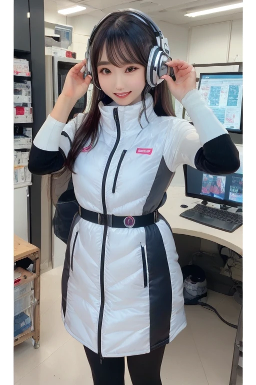 masterpiece, Highest quality, Very detailed, 8K Portrait,Japanese Android Girl,plump , Control panel,Robotic arms and legs, Blunt bangs,,break (Metallic Gray, Metallic luster, Mirror finish, Astro Best):5,headphone:5,break (Black sleeves):100,Smart Watches,Futuristic space station,Control Room,break headphone,blue eyes,(Black Hair):2,(Long Hair):1.3,Displaying the viewer,(respirator),break blush:3,Hidden Hand,smile