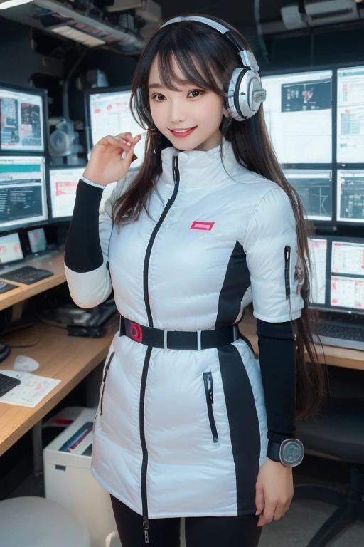 masterpiece, Highest quality, Very detailed, 8K Portrait,Japanese Android Girl,plump , Control panel,Robotic arms and legs, Blunt bangs,,break (Metallic Gray, Metallic luster, Mirror finish, Astro Best):5,headphone:5,break (Black sleeves):100,Smart Watches,Futuristic space station,Control Room,break headphone,blue eyes,(Black Hair):2,(Long Hair):1.3,Displaying the viewer,(respirator),break blush:3,Hidden Hand,smile