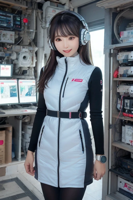 masterpiece, Highest quality, Very detailed, 8K Portrait,Japanese Android Girl,plump , Control panel,Robotic arms and legs, Blunt bangs,,break (Metallic Gray, Metallic luster, Mirror finish, Astro Best):5,headphone:5,break (Black sleeves):100,Smart Watches,Futuristic space station,Control Room,break headphone,blue eyes,(Black Hair):2,(Long Hair):1.3,Displaying the viewer,(respirator),break blush:3,Hidden Hand,smile