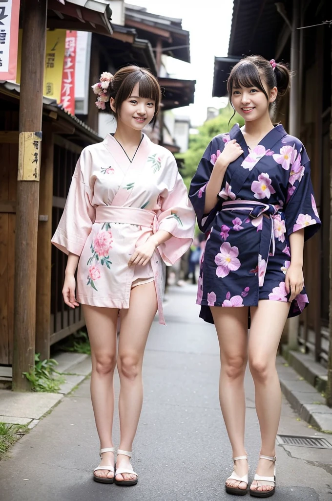 2 girls standing in old-Japanese street,floral pink yukata with violet obi,18-year-old,bangs,a little smile,thighs,knees,short hair and low pigtails with red ribbon bow,from before,front light