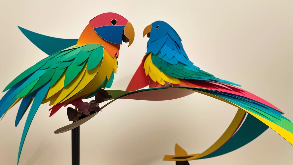 A detailed, abstract, ethereal sculpture of a [parrot] made entirely of various colored gradient [papers], aesthetically arranged to shape its features, creating a textured, vibrant, and intricate look against a simple, neutral background in an ultra-realistic, modern minimalist style.
