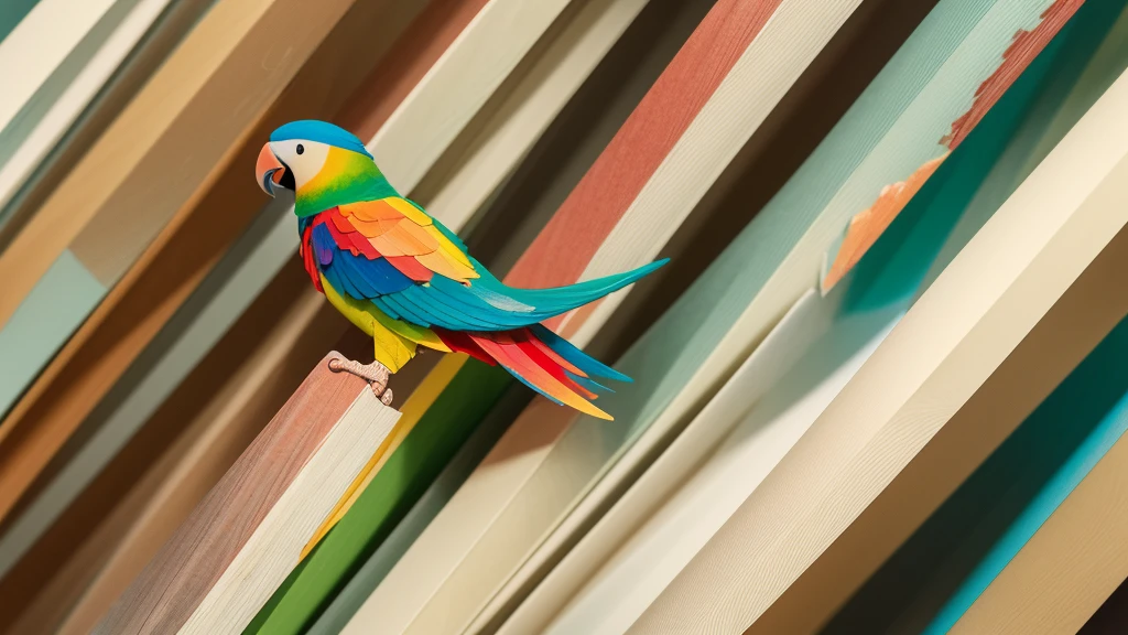 A detailed, abstract, ethereal sculpture of a [parrot] made entirely of various colored gradient [papers], aesthetically arranged to shape its features, creating a textured, vibrant, and intricate look against a simple, neutral background in an ultra-realistic, modern minimalist style.
