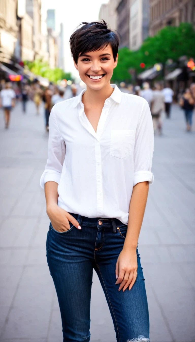 Create a smiling girl with dark pixie cut hair wearing a white shirt and jeans in a city in summer