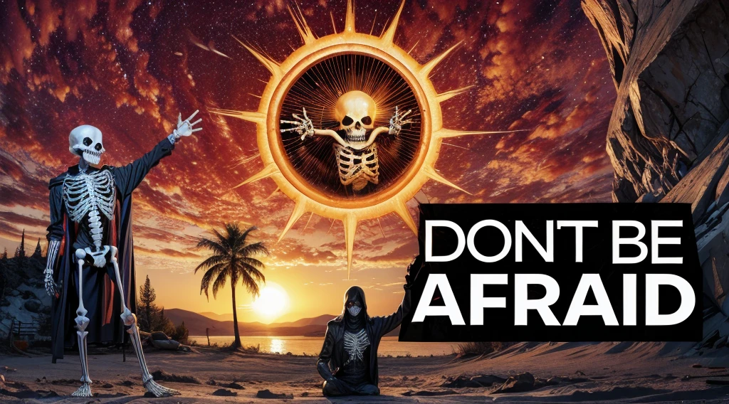 skeletal man raising his hand with a strange sun in the middle