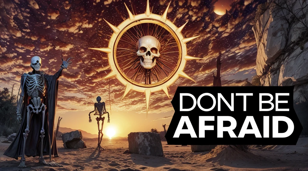 skeletal man raising his hand with a strange sun in the middle