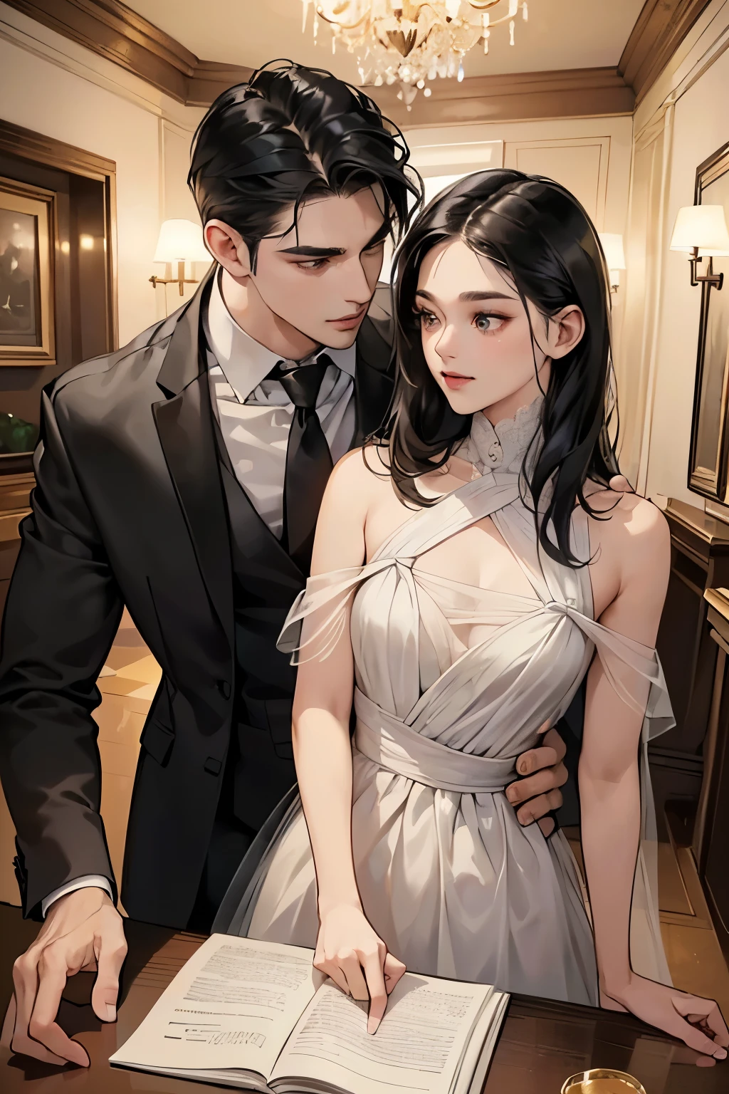 (Tabletop, Digital Art, Digital Illustration, 4K, 8K, Very detailed, Beautiful images, Clear images, Realistic, RAW Photos, Perfect Face, Perfect Lines, Perfect Eyes, Soft lighting) 1 female, (Long black hair,Straight hair,Bullish view,Beautiful woman,Man in suit,Apply makeup thoroughly,Girl,:1.3),secretary, Two handsome men in suits, (human,Man in suit,Muscular,Strong shoulder width, human,Boyish hairstyle,English gentleman;style,A man in his 30s with a cool expression,A 28-year-old man with a bright smile:1.2),Night office scene,Antique furniture,Antique clamp,Antique chair,chandelier,、Couple、Couple kissing、kiss、the kiss、Romance、kiss,(1 boy, a boy is grabbing girl’s breasts from behind:1.3),