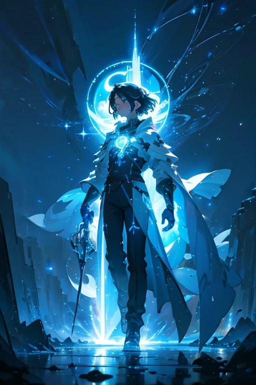 Niji mode. Full body. Ethereal sorcerer secret agent, elegant thin suit with fluid luminous white glowing magic circuits, celestial explorer emerging from a portal. Holding a longsword with glowing magic writings and long handle, glowing tattoos, magic piercings, magic stones, glowing magic eyes, advanced technology mixed with magic, magic circuits, magic tools, magic materials, developed by Technological Magic. Walking in the middle of a magical atompunk metropolis mixing technology and vegetation, the sky full of bright stars with cold colors. Wide and deep scenery with multiple planes of depth, cinematic and dynamic scene with sense of movement, view of magical glowing lights reflecting the scene, particle effects, elegant pose, aura lights, glowing, epic atmosphere, celestial splendor, galactic fragmentation . Old anime style, Studio Ghibli, Metal hurlant, art book, RPG fantasy, comicbook.