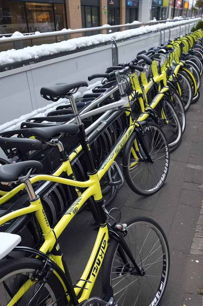 Create an original 3840 x 2160 resolution photo of 10 bicycles each with a different color in an order from smallest to largest bike in a row of a shopping center parking lot.
