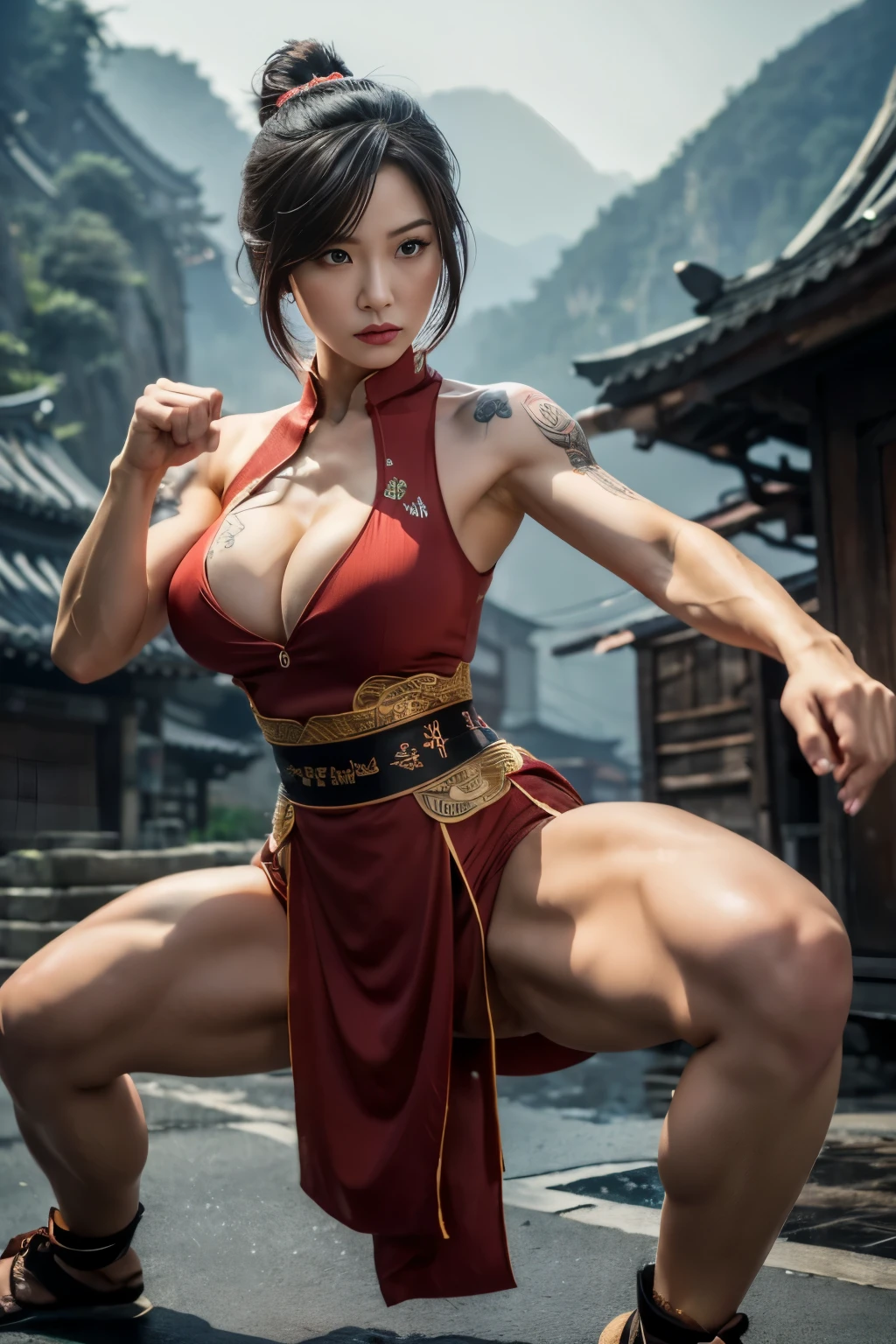 Highly detailed CG Unity 8k wallpaper, masterpiece, realistic, ((1girl)), (A beautiful 27 year old Chinese woman with short hair and tattoos, standing martial arts fighting stance, fighting kung fu pose, wearing tight long red lowcut traditional qipao dress, serious fierce expression), ((cleavage:1.2, perfect big breasts, pokies, NSFW)), (female IFBB physique, muscular thighs), (misty chinese village background:1.1), (full body)