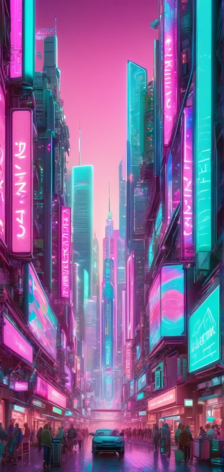 ((masterpiece, better quality)),illustration,ultra detailed 8k,photorealistic,sharp focus,very detailed,professional lighting,colorful details,iridescent lights, cyber city, nein lights, pink and teal colors