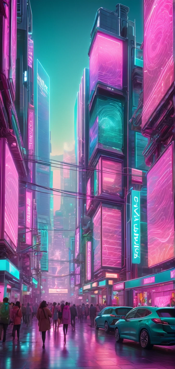 ((masterpiece, better quality)),illustration,ultra detailed 8k,photorealistic,sharp focus,very detailed,professional lighting,colorful details,iridescent lights, cyber city, nein lights, pink and teal colors