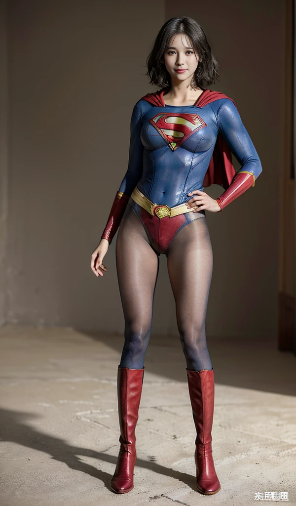 No background、(((Beautiful legs in black tights.)))、(((Legally express the beauty of your smile)))、((((Make the most of your original images)))、(((Supergirl Costume)))、(((Beautiful very short hair)))、(((suffering)))、(((Please wear black tights....、Wear red boots)))、((Best image quality、8K))、((Highest quality、8K、masterpiece:1.3))、(((Preserve background )))、Sharp focus:1.2、Beautiful woman with perfect figure:1.4、Slim Abs:1.2、Wet body:1.5、Highly detailed face and skin texture、8K