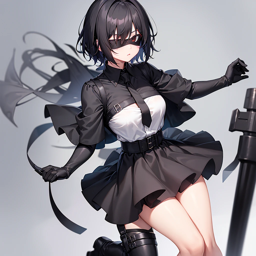 girl, black blindfolds, short black hair, short sleeve white shirt, long tie, black knuckleless gloves, short black skirt, black iron boots.