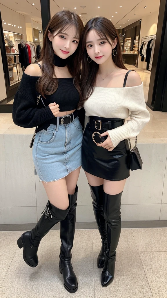 (2girls:1.2),In detail, High resolution, high quality、Beautiful fine details, long hair, Natural color lip、Clear Skin、Shiny Hair、Tabletop, 最high quality, Super detailed, In detail, High resolution, 8k、Cute pose,Beautiful feet,Perfect beautiful face,KPOP idol faces,Ecstatic face、Cute face,thigh boots、leather skirt、Off-the-shoulder sweater、smile、Shopping mall、Apparel Shop、bag、belt、mini skirt、Put your chest close