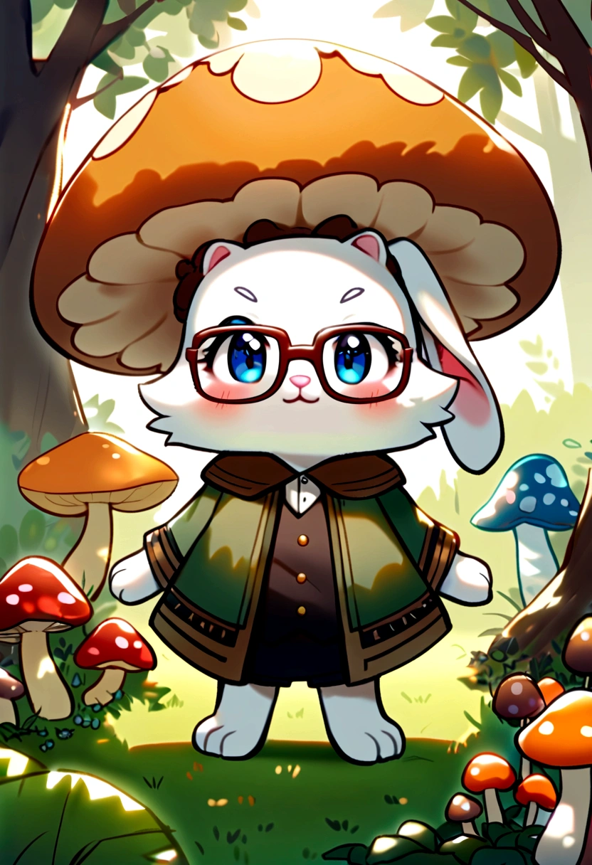 adorable creature,Similar to a mixture of rabbit and carrot, lovable, adorable, furry, fluffy, woods, Mushrooms, Wear a mushroom hat, with glasses
