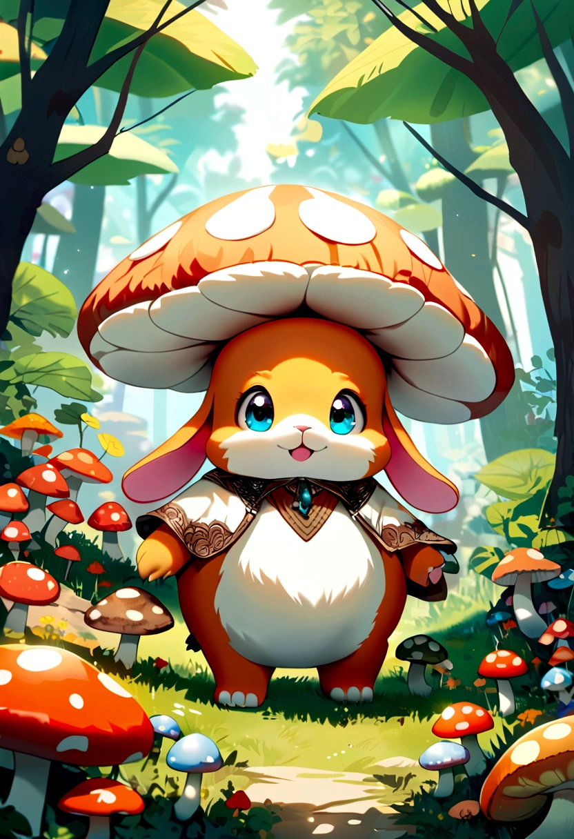 adorable creature,Similar to a mixture of rabbit and carrot, lovable, adorable, furry, fluffy, woods, Mushrooms, Wear a mushroom hat, with glasses