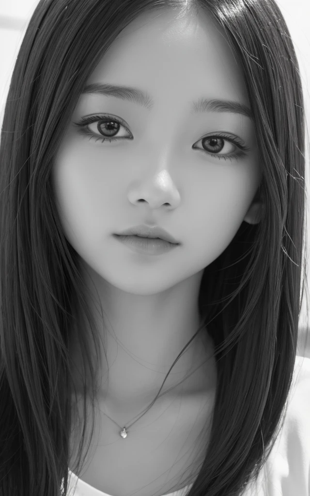 ((Surreal portrait))、(Draw in detail with a pencil)、(Black and White)、Beautiful Japanese Woman、Face Focus、Shiny Hair、18-year-old、