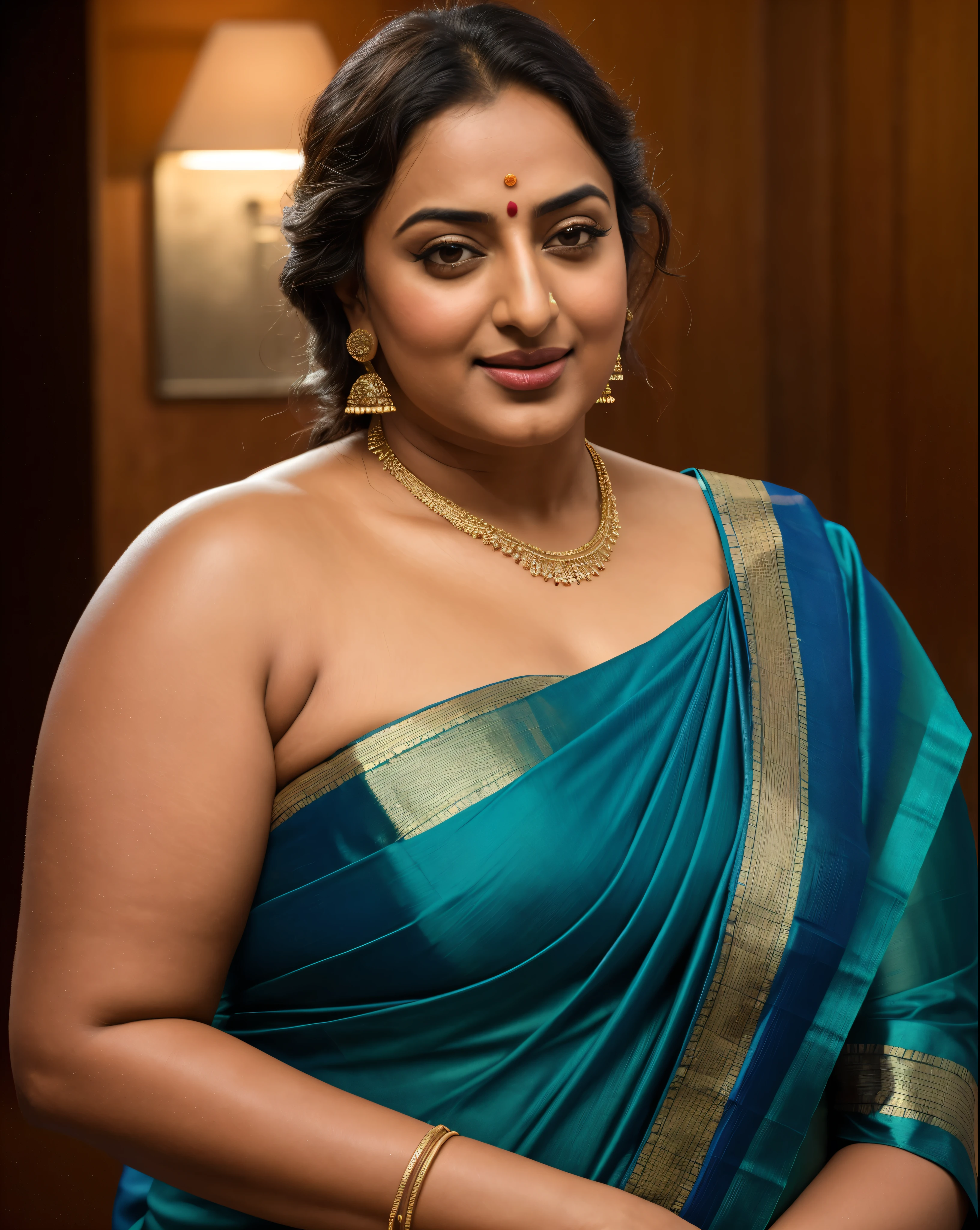 Foto RAW, photorealistic, photography, full body shot, 50 years old Woman, master shot, perfect eyes, goddess like beauty, pierced eyes, perfect thick chubby mallu Desi aunty bhabhi, Wearing a Stanapatta, a chest-band.Saree model, model Photography, Indian saree shoot, Indian traditional wear advertising photography, traditional wear brand shoot, face of Indian actress Sonakshi Sinha, masterpiece, realistic, realism, incredible details, pleasure, photorealism, detailed skin, skin pores, high contrast, photorealistic Artstation 8k HD digital art trend of high definition and detailed realistic skin texture, ultra detail, realistic skin texture, armature, best quality, ultra high definition, (photorealistic:1.4),, high resolution, detail, raw photo, sweat, Re sharp, by Lee Jefferies Nikon D850 Film Stock Photo 4 Kodak Portra 400 Camera F1.6 Lens Rich Color Ultra Real Realistic Realistic Textures Dramatic Lighting Unreal Engine Trending at Art Station Cinestill 800,(pele altamente detalhada: 1.2), 8k UHD, DSLR, soft-lighting, alta qualidade, grain of film, Fujifilm XT3,she didn't like to wear blouse or bra, she is happy to wear only saree, she hates blouse or bra, detailed hairy armpits, hyper realistic skin, skin pores, sweat, veins,