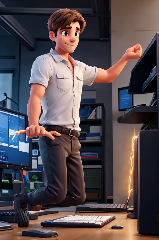 man releasing lightning from his hands, towards the desktop computer