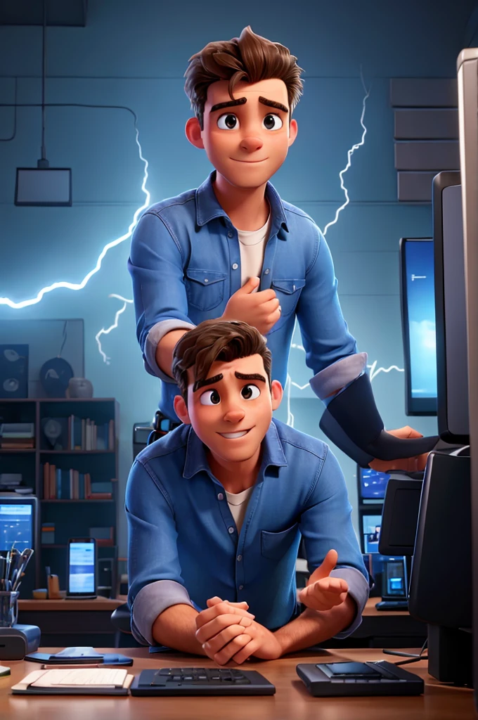 man releasing lightning from his hands, towards the desktop computer