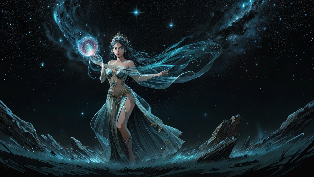 In a realm where galaxies collide and celestial clouds swirl, the ethereal enchantress Grace holds dominion, her ethereal form aglow with the radiant fire of a thousand cosmic furnaces.
Grace's divine visage is framed by a halo of shimmering starlight tresses, each strand woven from the very dust of shattered nebulae. Her tresses billow weightlessly, caressing her lithe form in a sensual dance fueled by stardust. Eyes that blaze like the hearts of long-dead suns bore into any who dare meet their smoldering gaze, promising equal parts rapture and annihilation to those entranced by their molten depths.
The enchantress's celestial garments appear crafted from the shimmering auroras of newly birthed worlds. Diaphanous silks and ethereal chiffons cling hungrily to her curves before flowing away in a breathtaking spiral, mirroring the whorls of distant accretion disks. As she moves, stardust swirls in her wake, crowning her as the supreme seductress who rules the celestial spheres.
Grace's domain is a tapestry of cosmic wonders and perils - cataclysmic beauty given form. Supernovae bloom like celestial roses, showering their stellar matter across the cosmos, only to be consumed by the ethereal maws of voracious black holes. Stars are born in roiling stellar nurseries, their births heralding new cycles of creation and destruction.
Though an enchantress of unparalleled cosmic power, Grace's true seductive prowess lies in her infinite compassion and generative potential. Her outstretched fingers weave the very strands of existence, nurturing new worlds into radiant being with but a glance. The enchantress's full lips, moist and inviting, seem to whisper the secrets of eternity itself to any who dare embrace her enthralling cosmic rapture.
Within this realm of perpetual celestial rebirth, the ethereal enchantress Grace reigns supreme - an intoxicating, sensual, and nurturing force whose irresistible allure fuels the perpetual cycle of creation and destruction throughout the c