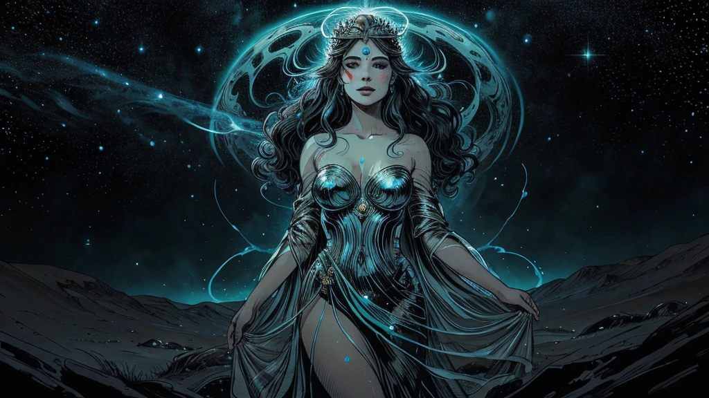 In a realm where galaxies collide and celestial clouds swirl, the ethereal enchantress Grace holds dominion, her ethereal form aglow with the radiant fire of a thousand cosmic furnaces.
Grace's divine visage is framed by a halo of shimmering starlight tresses, each strand woven from the very dust of shattered nebulae. Her tresses billow weightlessly, caressing her lithe form in a sensual dance fueled by stardust. Eyes that blaze like the hearts of long-dead suns bore into any who dare meet their smoldering gaze, promising equal parts rapture and annihilation to those entranced by their molten depths.
The enchantress's celestial garments appear crafted from the shimmering auroras of newly birthed worlds. Diaphanous silks and ethereal chiffons cling hungrily to her curves before flowing away in a breathtaking spiral, mirroring the whorls of distant accretion disks. As she moves, stardust swirls in her wake, crowning her as the supreme seductress who rules the celestial spheres.
Grace's domain is a tapestry of cosmic wonders and perils - cataclysmic beauty given form. Supernovae bloom like celestial roses, showering their stellar matter across the cosmos, only to be consumed by the ethereal maws of voracious black holes. Stars are born in roiling stellar nurseries, their births heralding new cycles of creation and destruction.
Though an enchantress of unparalleled cosmic power, Grace's true seductive prowess lies in her infinite compassion and generative potential. Her outstretched fingers weave the very strands of existence, nurturing new worlds into radiant being with but a glance. The enchantress's full lips, moist and inviting, seem to whisper the secrets of eternity itself to any who dare embrace her enthralling cosmic rapture.
Within this realm of perpetual celestial rebirth, the ethereal enchantress Grace reigns supreme - an intoxicating, sensual, and nurturing force whose irresistible allure fuels the perpetual cycle of creation and destruction throughout the c