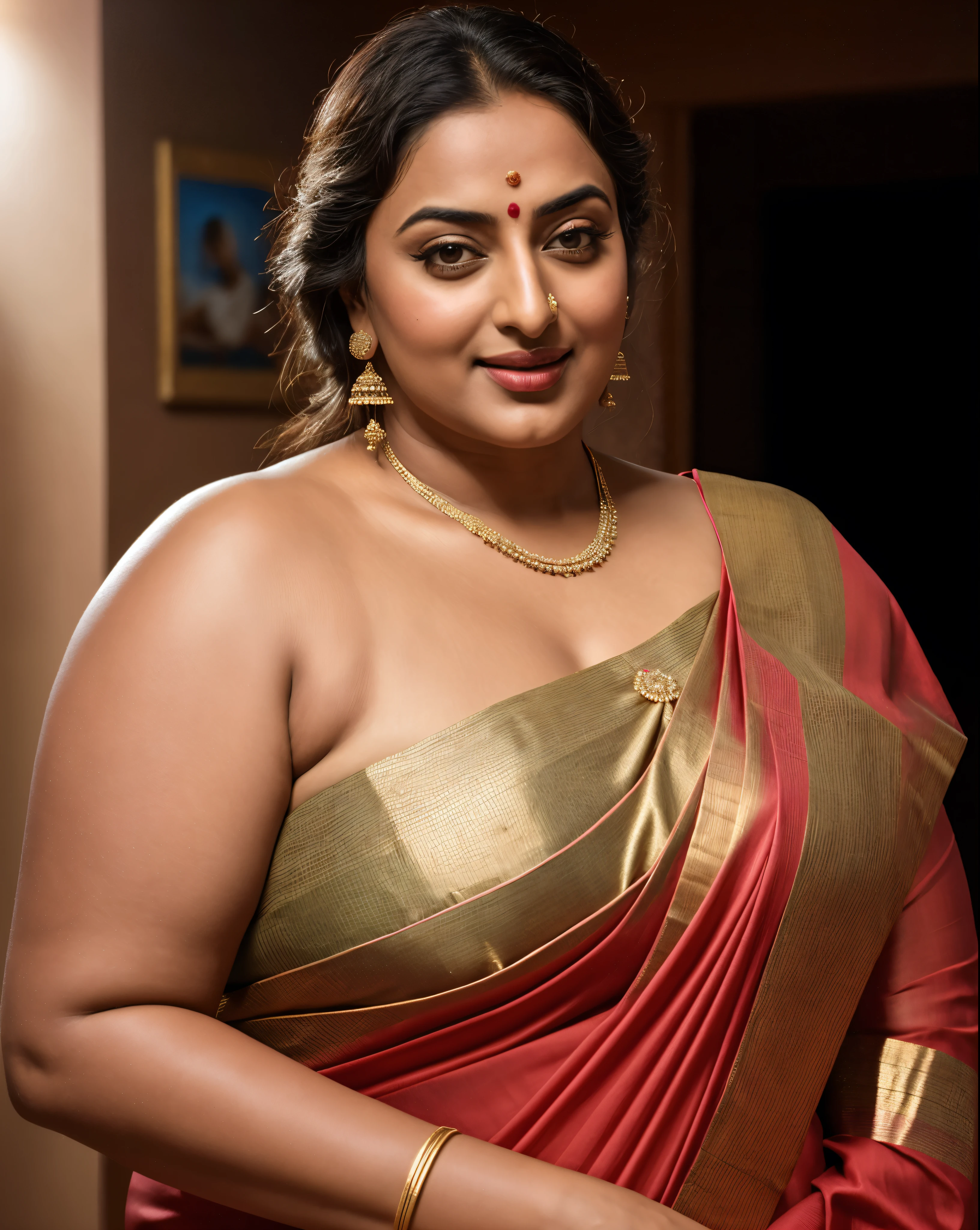 Foto RAW, photorealistic, photography, full body shot, 50 years old Woman, master shot, perfect eyes, goddess like beauty, pierced eyes, perfect thick chubby mallu Desi aunty bhabhi, Wearing a Stanapatta, a chest-band.Saree model, model Photography, Indian saree shoot, Indian traditional wear advertising photography, traditional wear brand shoot, face of Indian actress Sonakshi Sinha, masterpiece, realistic, realism, incredible details, pleasure, photorealism, detailed skin, skin pores, high contrast, photorealistic Artstation 8k HD digital art trend of high definition and detailed realistic skin texture, ultra detail, realistic skin texture, armature, best quality, ultra high definition, (photorealistic:1.4),, high resolution, detail, raw photo, sweat, Re sharp, by Lee Jefferies Nikon D850 Film Stock Photo 4 Kodak Portra 400 Camera F1.6 Lens Rich Color Ultra Real Realistic Realistic Textures Dramatic Lighting Unreal Engine Trending at Art Station Cinestill 800,(pele altamente detalhada: 1.2), 8k UHD, DSLR, soft-lighting, alta qualidade, grain of film, Fujifilm XT3,she didn't like to wear blouse or bra, she is happy to wear only saree, she hates blouse or bra, detailed hairy armpits, hyper realistic skin, skin pores, sweat, veins,