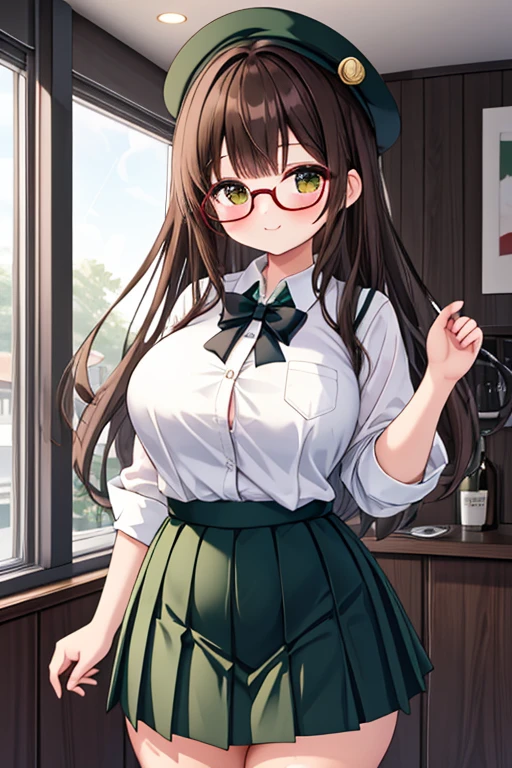 A Cute Girl, with very wide , mildly slim figure, White Shirt, (Long Green Pleated Skirt), indoors, Soft Smile, Brunette Hair, Medium-Length Hair, Lush Hair, Beautiful Brown Eyes, (Black Glasses), Thick_thighs, _, , Short Figure, Modern House, cowboy-shot,