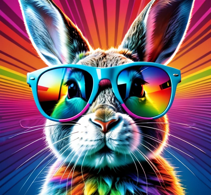Psychedelic rabbit, sunglasses, cool rabbit, album cover, colorful, trippy, angled perspective